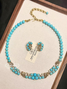 欧美中古风vintage复古气质蓝松石树叶做旧铜镀金项链耳环手链女