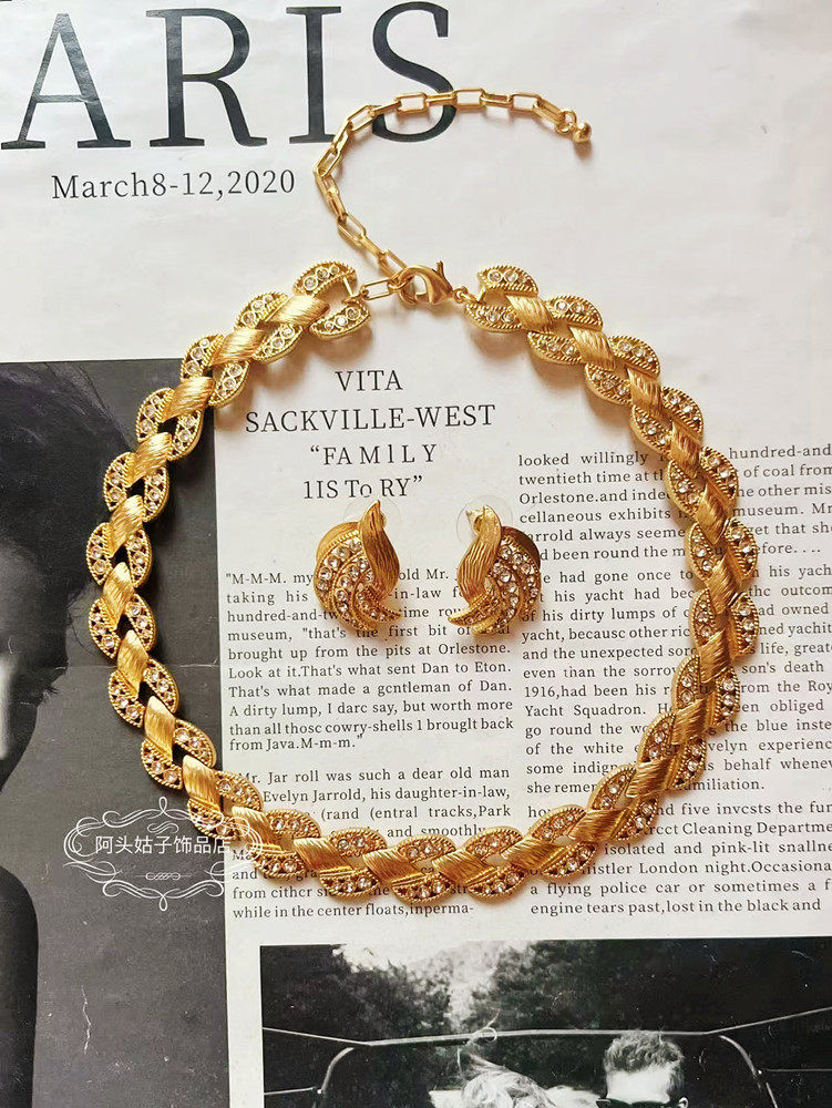 欧美宫廷风中古vintage复古气质编织闪钻金属耳环手链短款项链女