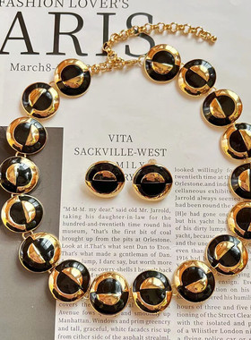 欧美复古黑色滴油圆形项链耳环女