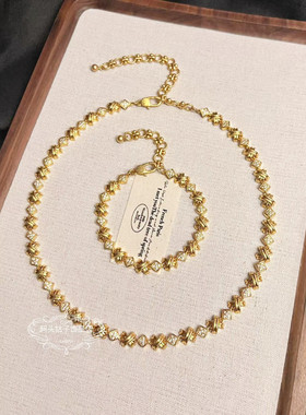 欧美中古风vintage复古气质铜镀金交叉闪钻菱格纹短款项链手链女