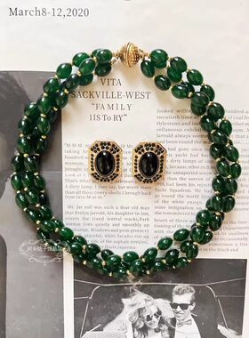 欧美宫廷中古vintage复古气质绿色天然石缠绕多层短款项链耳环女