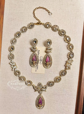 欧美宫廷风中古vintage复古气质做旧紫色水滴闪钻锦鲤项链耳环女