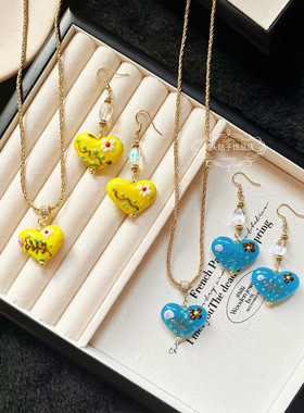 欧美宫廷风复古气质可爱甜美花朵蛋糕琉璃爱心吊坠耳环短款项链女