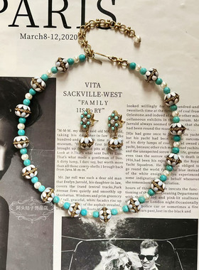 欧美宫廷风中古vintage复古气质做旧蓝色滴油松石串珠项链耳环女