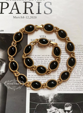 欧美中古复古黑色椭圆项链手链女