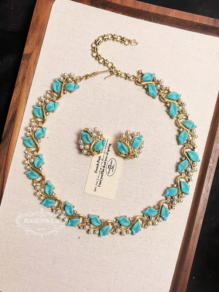 欧美宫廷风中古vintage复古气质做旧蓝色树叶珍珠项链耳环套装女