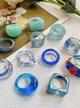 欧美风ins透明蓝色树脂戒指包邮