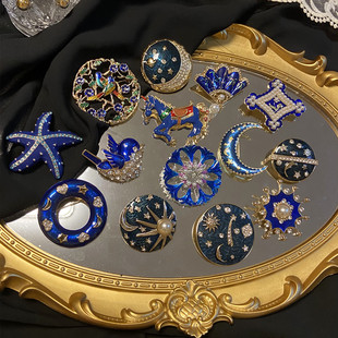 古董蓝色珐琅滴油星空星月胸针欧美风vintage复古气质花朵胸花女