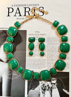 欧美中古绿色树脂夸张项链耳环女