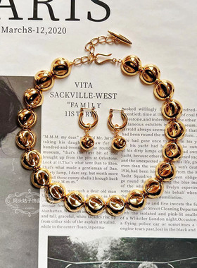 欧美风小众高级感复古气质凹陷半球金属几何短款项链手链耳环女