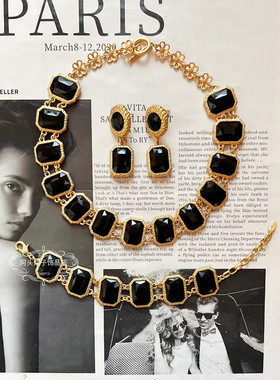 欧美宫廷中古风vintage复古气质黑色方形几何金属项链手链耳环女