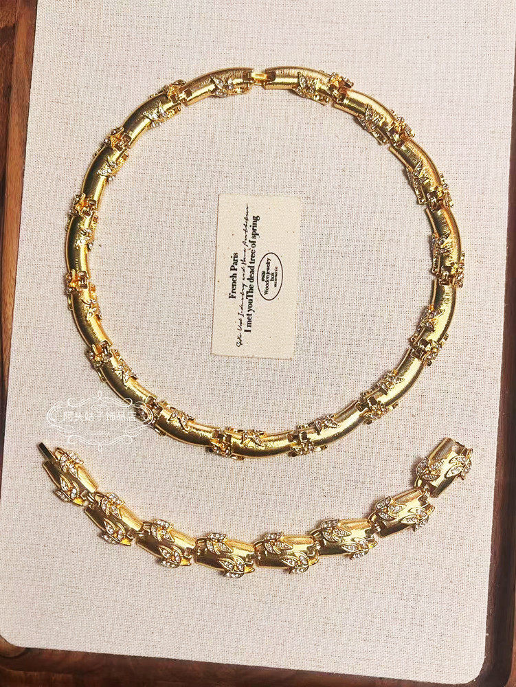 欧美宫廷风中古vintage复古气质金色拉丝闪钻树叶项链手链套装女