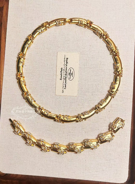 欧美宫廷风中古vintage复古气质金色拉丝闪钻树叶项链手链套装女