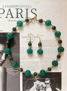 欧美宫廷风中古vintage复古气质绿色凤尾南瓜琉璃串珠项链耳环女