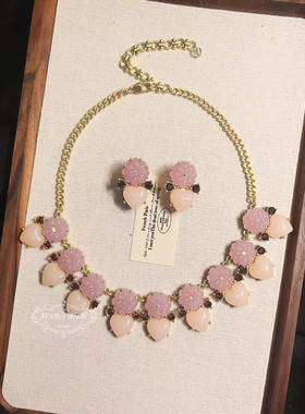 欧美宫廷风中古vintage复古气质做旧粉色爱心花朵闪钻项链耳环女