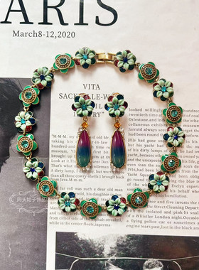 欧美宫廷风中古vintage复古做旧绿色花朵滴油闪钻项链耳环手链女