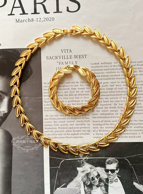 欧美宫廷中古风vintage复古气质素金麦穗短款锁骨项链手链套装女