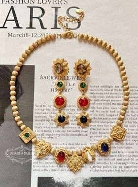 欧美中古风彩钻几何金属项链耳环