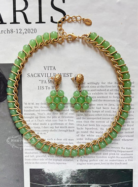 宫廷风中古vintage复古气质浅绿色天然石编织金属项链手链耳环女