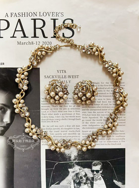 欧美宫廷风中古vintage复古气质做旧珍珠闪钻项链耳环手链套装女