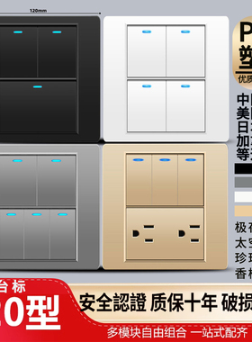 台湾美标120型正方形灰色PC塑料面板墙壁插座白色双联四五六开关