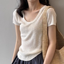 u领简约打底短袖t恤女2025夏季新款高级感针织衫修身正肩单穿上衣