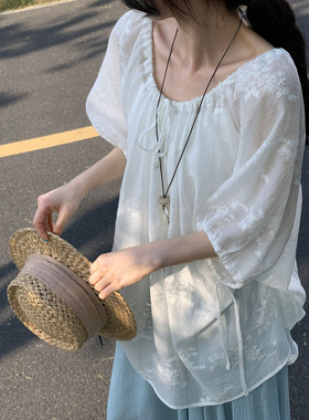莱赛尔绣花防晒衫灯笼袖罩衫女2026夏季新款法式抽绳半袖衬衫上衣