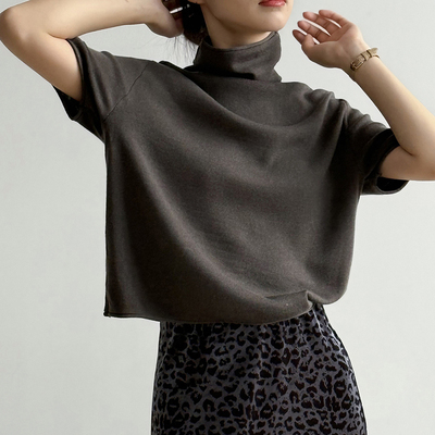 高领卷边针织衫短袖T恤女