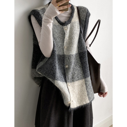 复古撞色格子针织衫马甲女
