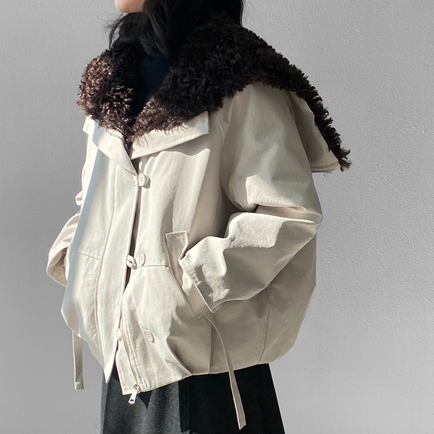 连帽复古大翻领保暖羽绒服外套女