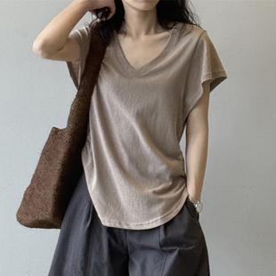 v领褶皱收腰短袖 宽松微透显瘦高级感气质上衣 T恤女2025年夏季 新款