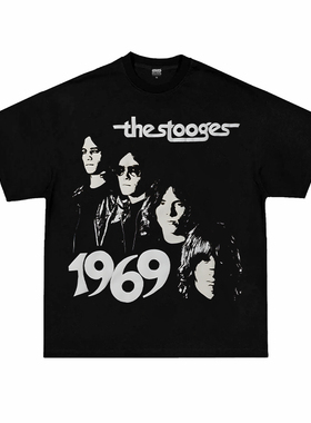 The Stooges傀儡乐队美式复古人物印花重磅纯棉宽松小领口短袖T恤