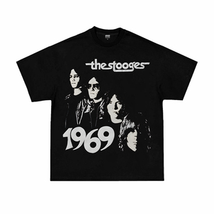 The Stooges傀儡乐队美式复古人物印花重磅纯棉宽松小领口短袖T恤