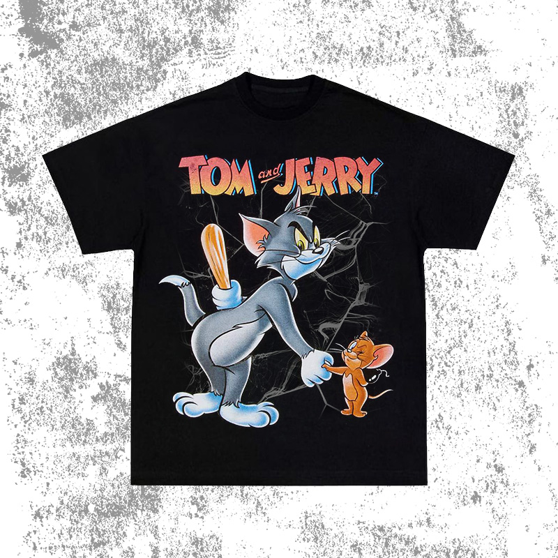 tom and jerry vintage猫和老鼠短袖卡通嘻哈宽松情侣圆领国潮T恤 男装 T恤 原图主图