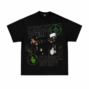 Public Enemy全民公敌嘻哈说唱人物印花重磅宽松小领口短袖T恤