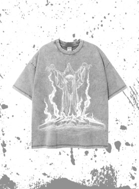 FLIPOUT水洗做旧浅灰暗黑魔法数码印花短袖男女宽松纯棉人像T恤