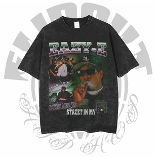Eazy-E Ice Cube N.W.A 水洗做旧复古嘻哈说唱印花小圆领短袖t恤