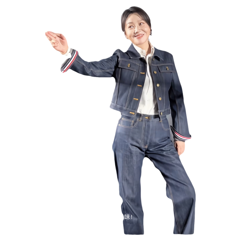 闫妮同款套装2026春新款翻领牛仔外套女复古卷边裤脚直筒裤子条纹