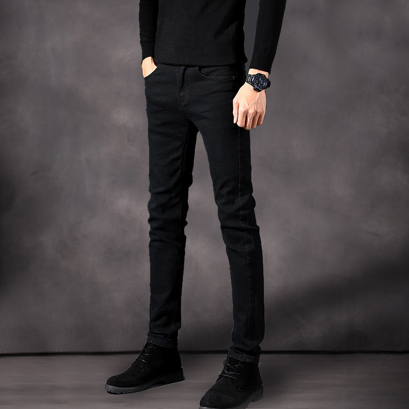 加绒加厚男士修身小脚裤休闲长裤子韩版潮男裤青年直筒黑色牛仔裤