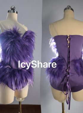 爱瑟诗莱IcyShare欧美性感辣妹风紫色羽毛拼接gogo舞台演出服