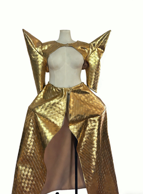 明星演唱会元素金色皮革外套异形演出服歌手舞蹈