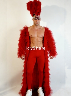 新年红色gogo男女圣诞节羽毛头饰鸵鸟毛花边礼服舞台服装定制