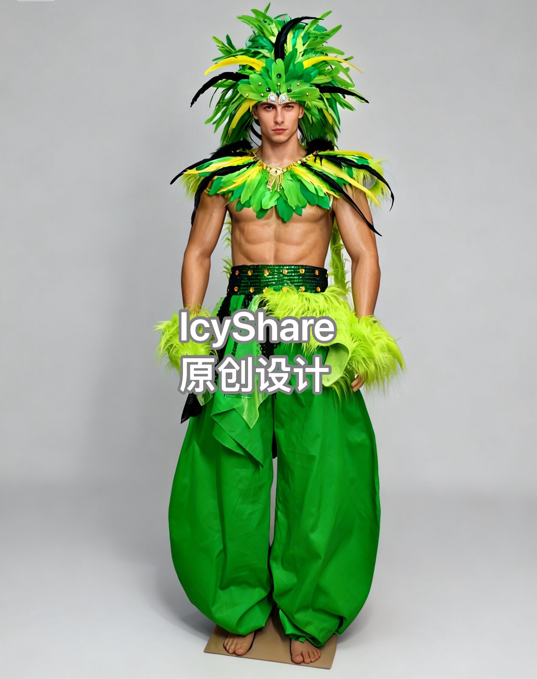荧光特色夸张丛林黑色羽毛头套舞台演出服装