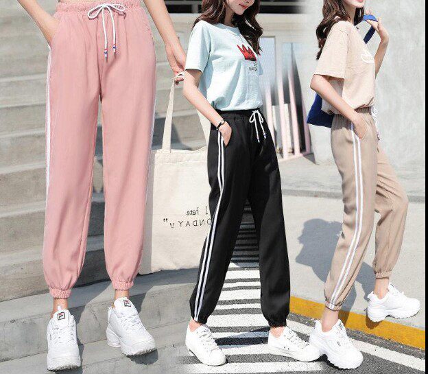 运动裤女宽松阔腿春夏居家便利适合条纹简捷秋天妇女透气收绳薄款在类目 女装/女士精品, 裤子, 休闲裤中 - 来自Buy2taobao.com提供专业的淘宝代购服务