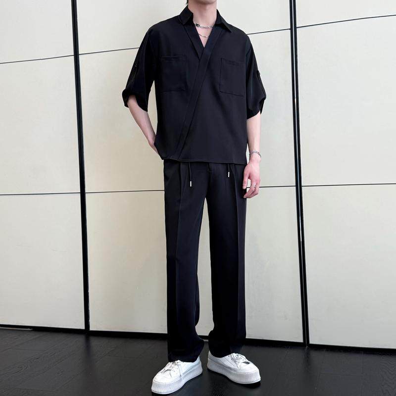 2025夏冰丝落肩短袖衬衫套装直筒休闲裤时尚两件套A202TZ128P120图片