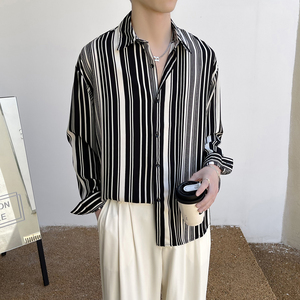 2025夏条纹衬衫男ins高级感薄款轻熟风痞帅长袖垂感A202CS801P60图片