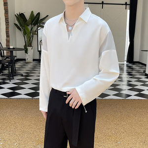 2025春夏新款男长袖衬衫轻熟风落肩拼接撞色套头衬衣A202CS113P60图片