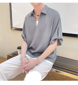 2025冰丝垂坠感套头假两件短袖宽松衬衫抖音A202CS013P55控78图片