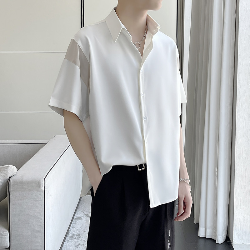 2025夏新款拼色轻奢潮宽松短袖衬衫冰丝垂坠感上衣A202CS030P55,男装T恤,星座1311（原A202）