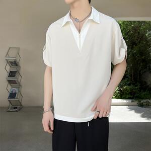 夏季设计感假两件短袖衬衫男士痞帅套头半袖冰丝衬衣A202CS628P55